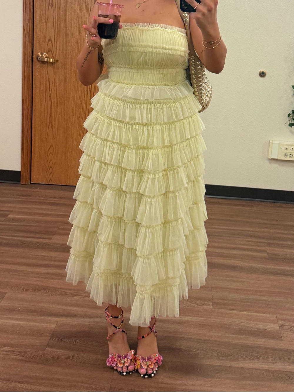 Mac Duggal Pale Yellow Strapless Tiered Ruffle Midi Dress